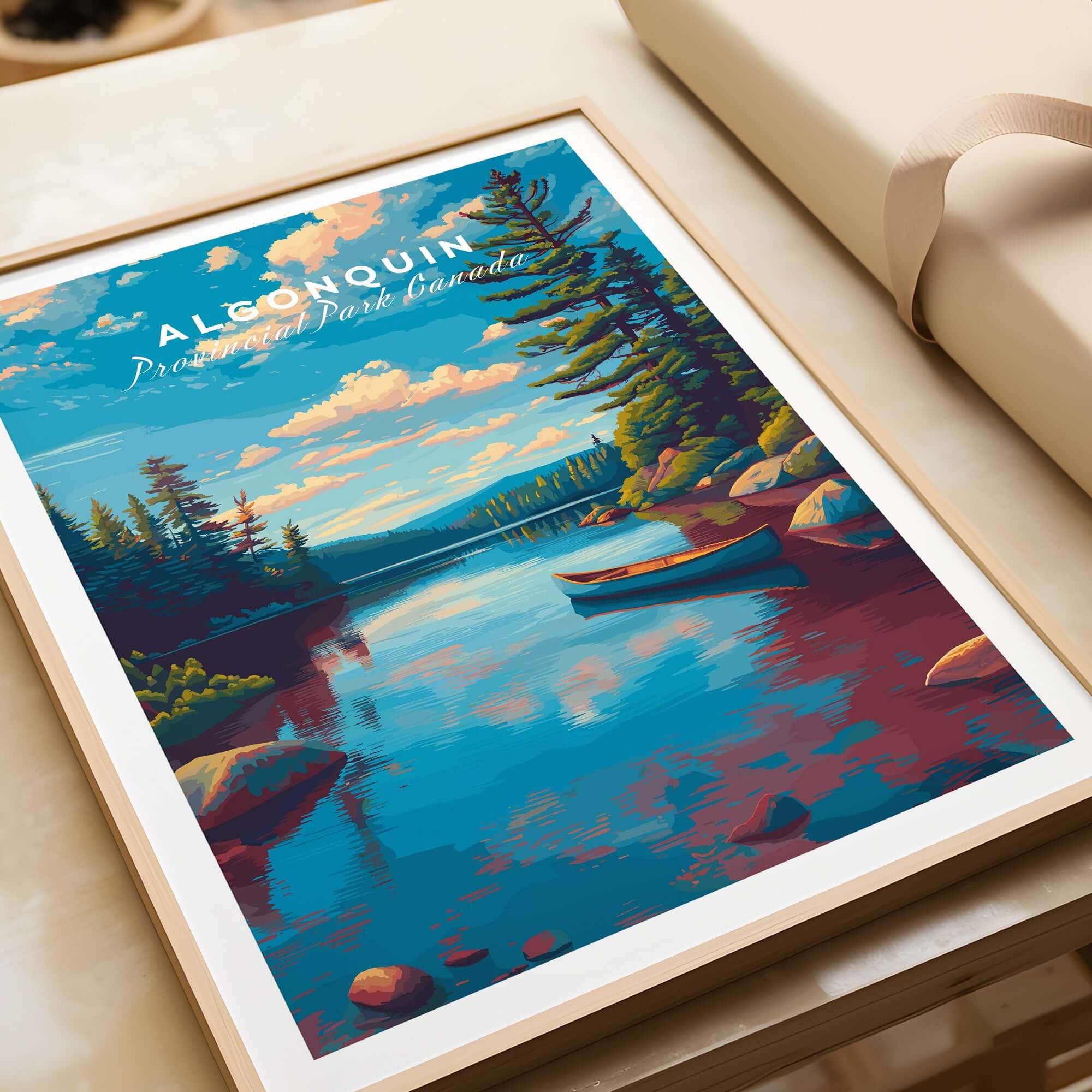 Algonquin Ontario Blue Water Landscape Print | Nature Wall Decor showcasing serene blue waters and lush nature.