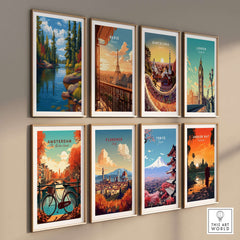 Algonquin Ontario Vibrant Riverside Landscape Print | Nature Wall Art among other city prints displayed in frames.