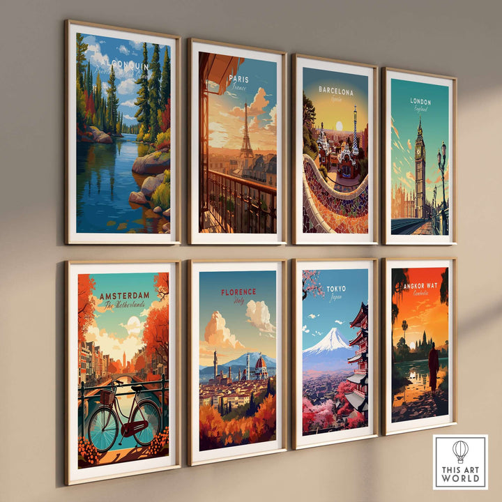 Algonquin Ontario Vibrant Riverside Landscape Print | Nature Wall Art displayed among various cityscape prints on a wall.