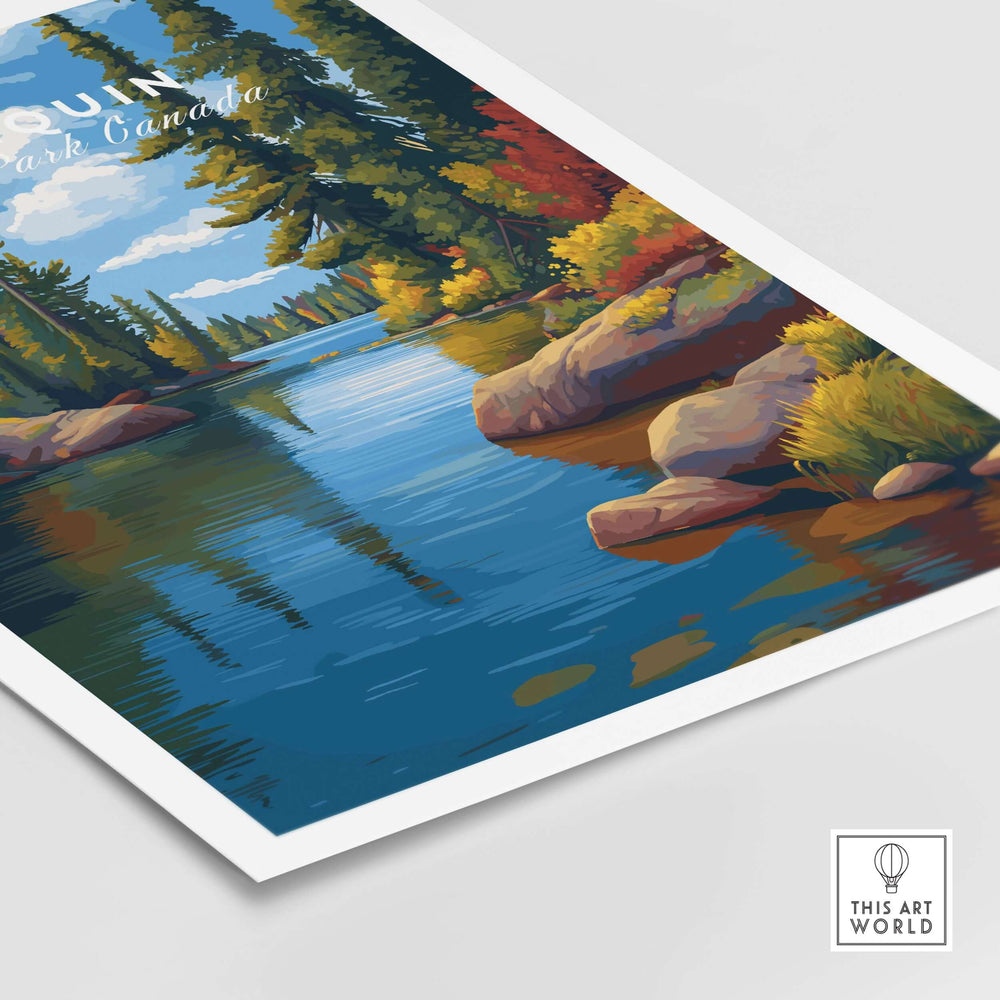 Algonquin Ontario Vibrant Riverside Landscape Print | Nature Wall Art showcasing a serene river scene with colorful foliage.