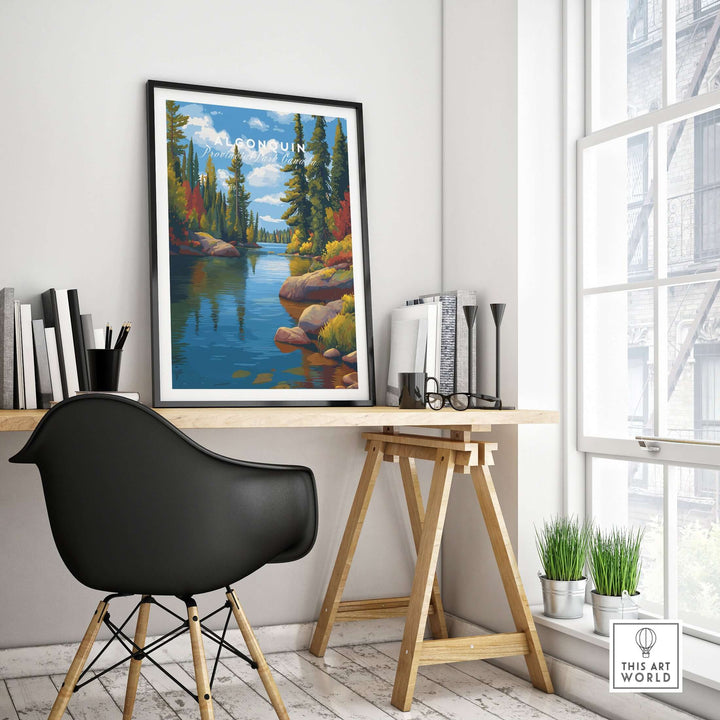 Algonquin Ontario Vibrant Riverside Landscape Print | Nature Wall Art displayed in a modern home office setting.