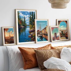 Algonquin Ontario Vibrant Riverside Landscape Print | Nature Wall Art displayed alongside other travel prints in a cozy living room.