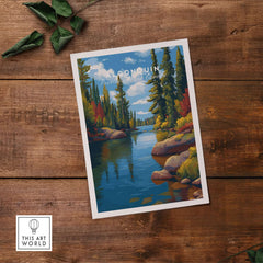 Algonquin Ontario Vibrant Riverside Landscape Print | Nature Wall Art on wooden background with green leaves