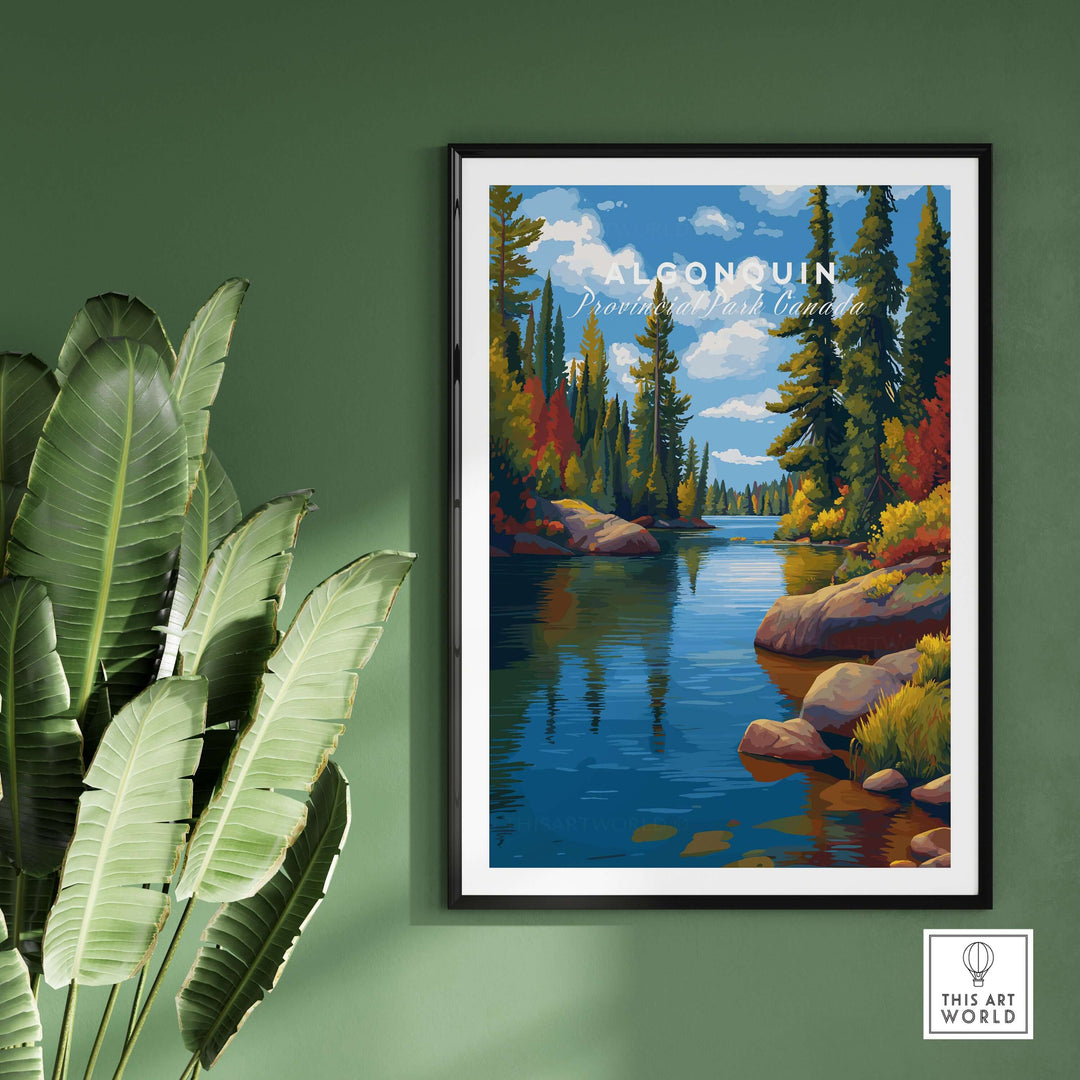 Algonquin Ontario Vibrant Riverside Landscape Print | Nature Wall Art displayed on a green wall with plants.