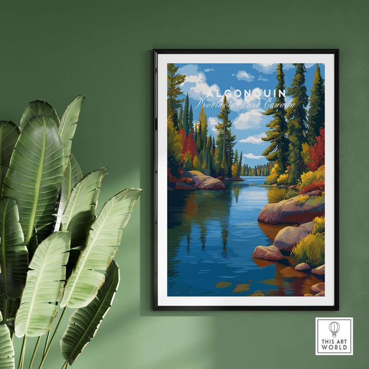 Algonquin Ontario Vibrant Riverside Landscape Print | Nature Wall Art displayed on a green wall with plants.