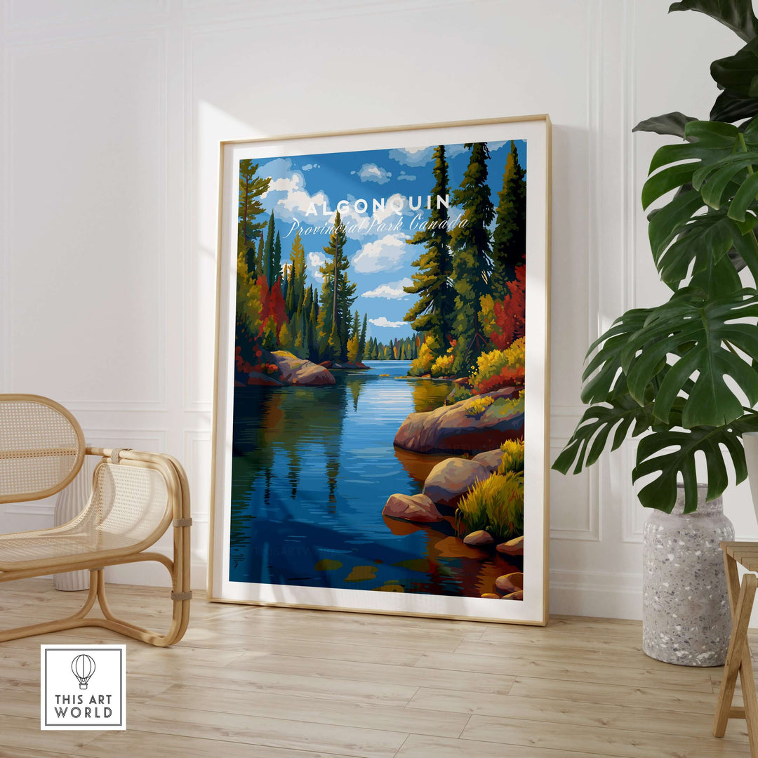 Algonquin Ontario Vibrant Riverside Landscape Print | Nature Wall Art featuring a serene riverside view.