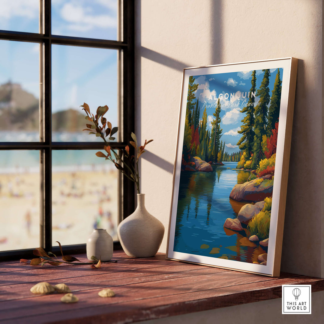 Algonquin Ontario Vibrant Riverside Landscape Print | Nature Wall Art displayed in a sunlit room with a scenic view.