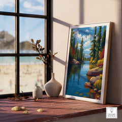 Algonquin Ontario Vibrant Riverside Landscape Print | Nature Wall Art displayed in a stylish interior with a scenic view.