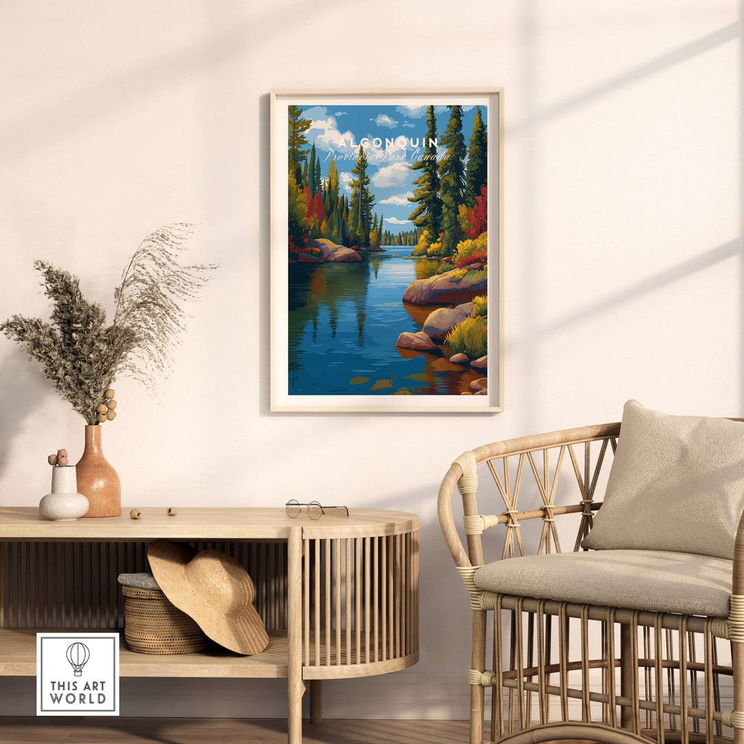 Algonquin Ontario Vibrant Riverside Landscape Print | Nature Wall Art displayed in a cozy living room setting.