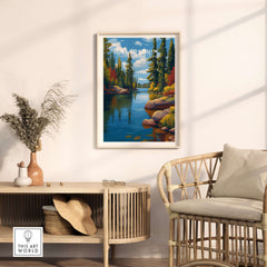 Algonquin Ontario Vibrant Riverside Landscape Print | Nature Wall Art showcasing a colorful riverside landscape in a stylish home setting.