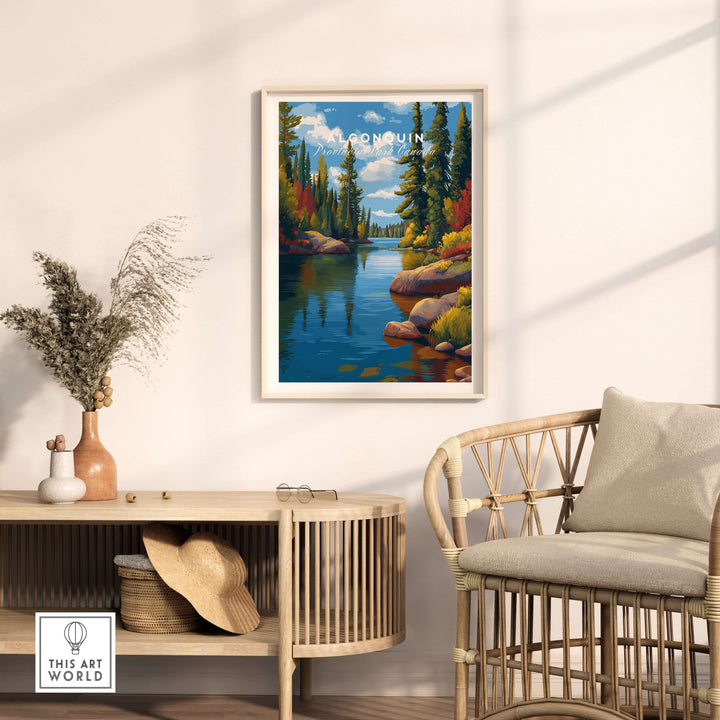 Algonquin Ontario Vibrant Riverside Landscape Print | Nature Wall Art displayed in a cozy living room setting.