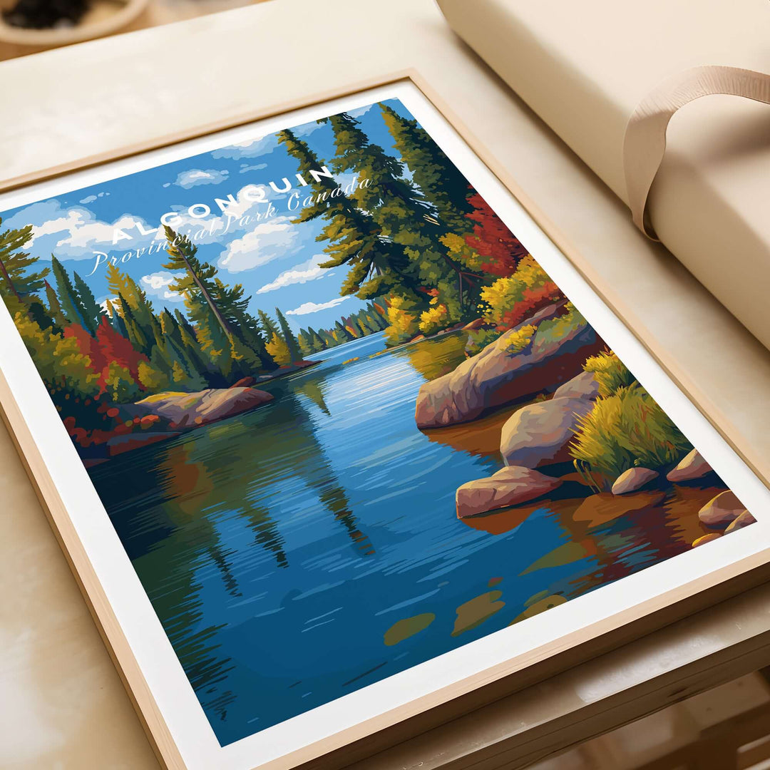 Algonquin Ontario Vibrant Riverside Landscape Print | Nature Wall Art beautifully framed, showcasing a tranquil river scene.