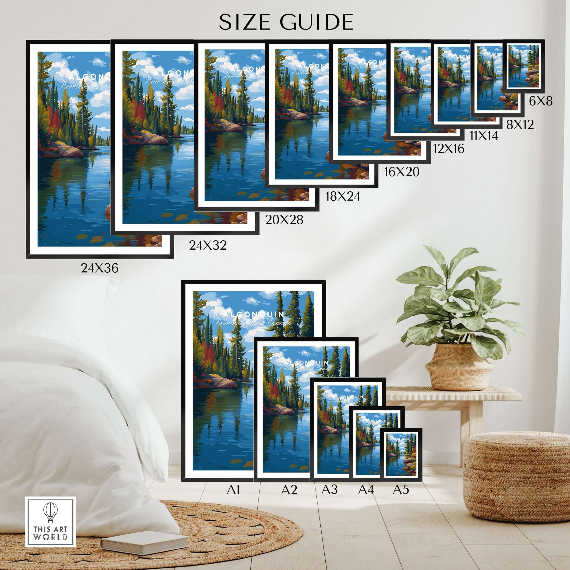 Algonquin Ontario Vibrant Riverside Landscape Print | Nature Wall Art size guide showing various frame sizes.