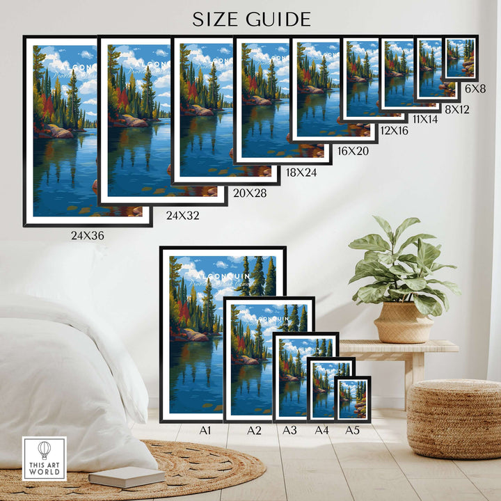 Algonquin Ontario Vibrant Riverside Landscape Print | Nature Wall Art size guide showing various frame options.