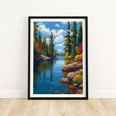 Algonquin Ontario Vibrant Riverside Landscape Print | Nature Wall Art showcased in a modern frame on a wooden floor.