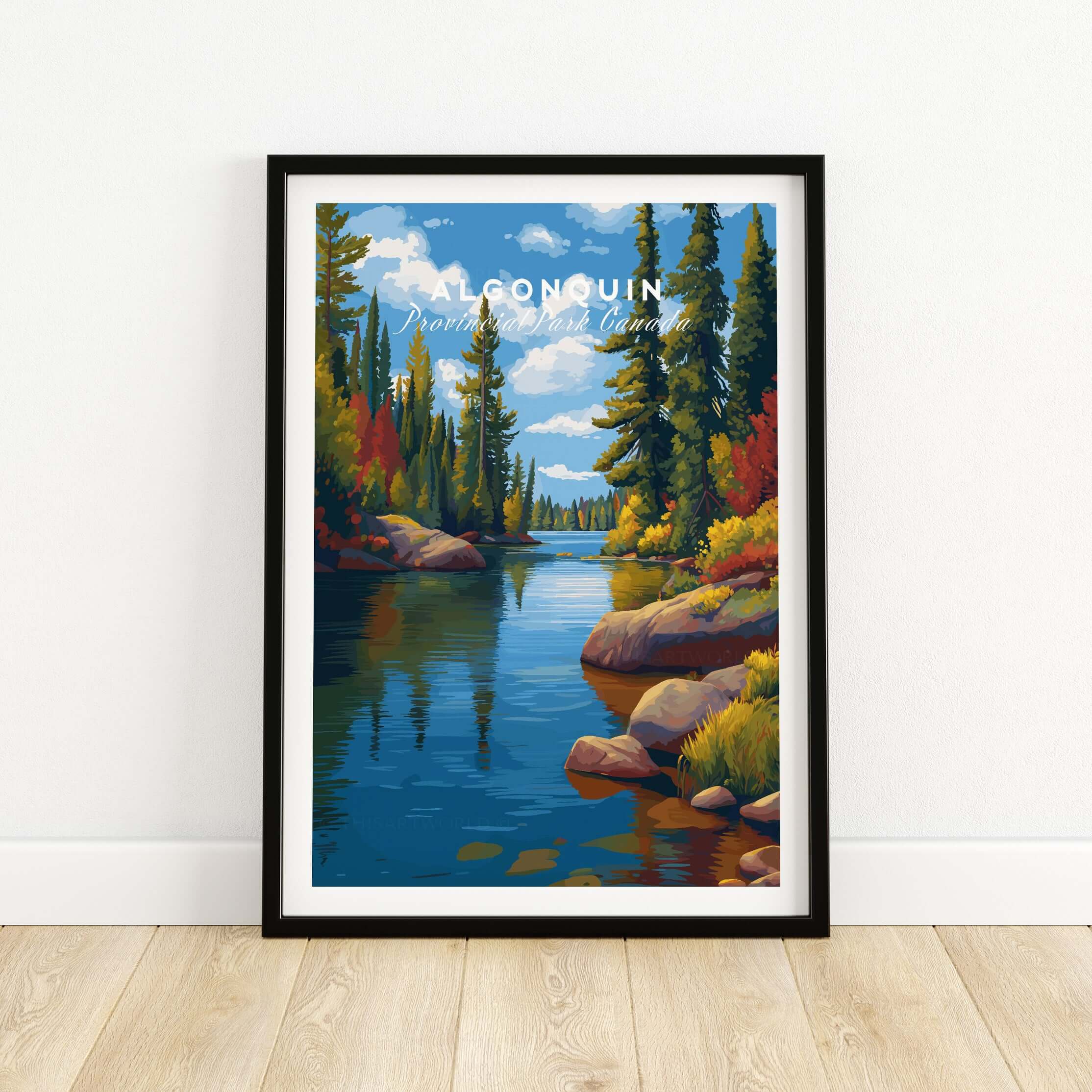 Algonquin Ontario Vibrant Riverside Landscape Print | Nature Wall Art showcased in a modern frame on a wooden floor.