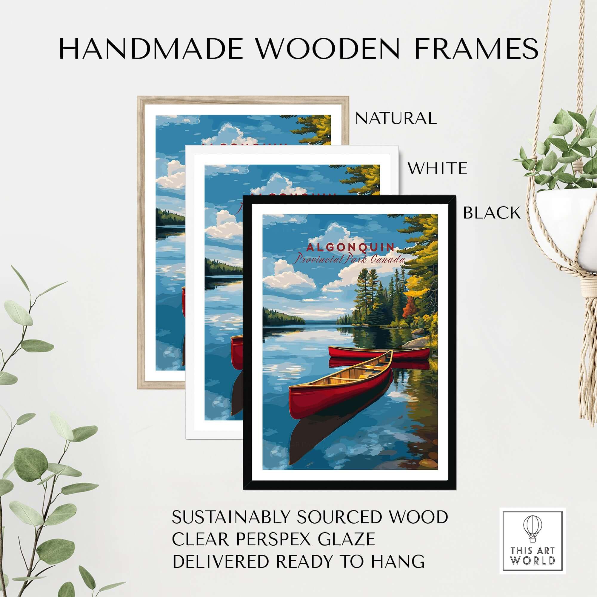 Algonquin Ontario Wilderness Boating Art | North American Nature Decor framed in natural, white, and black handmade wood frames.