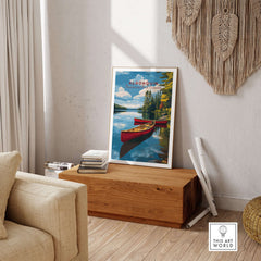 Algonquin Ontario Wilderness Boating Art | North American Nature Decor in a cozy living room setting.