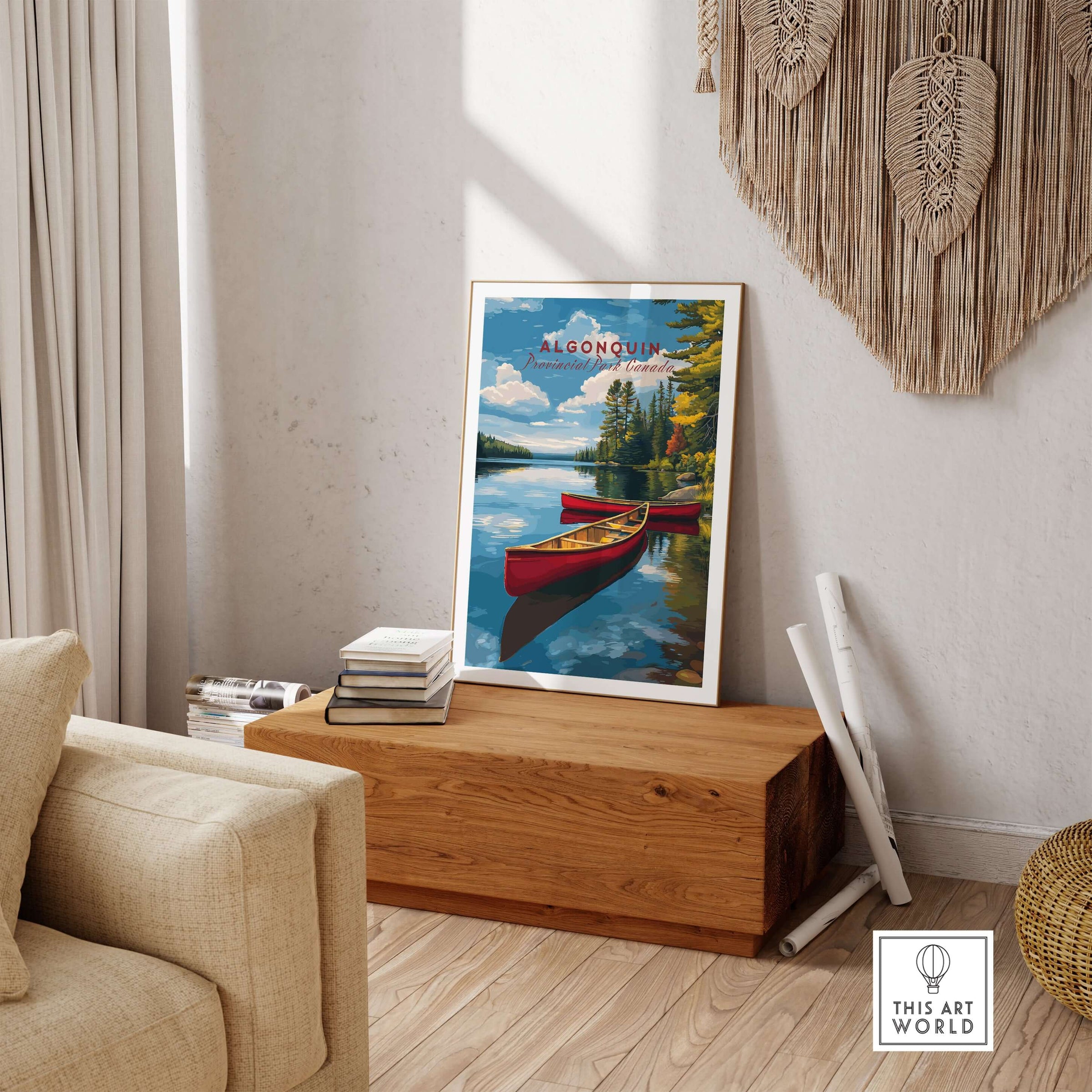 Algonquin Ontario Wilderness Boating Art | North American Nature Decor in a cozy living room setting.