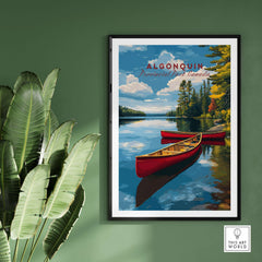 Algonquin Ontario Wilderness Boating Art | North American Nature Decor featuring serene boating scene on calm waters.