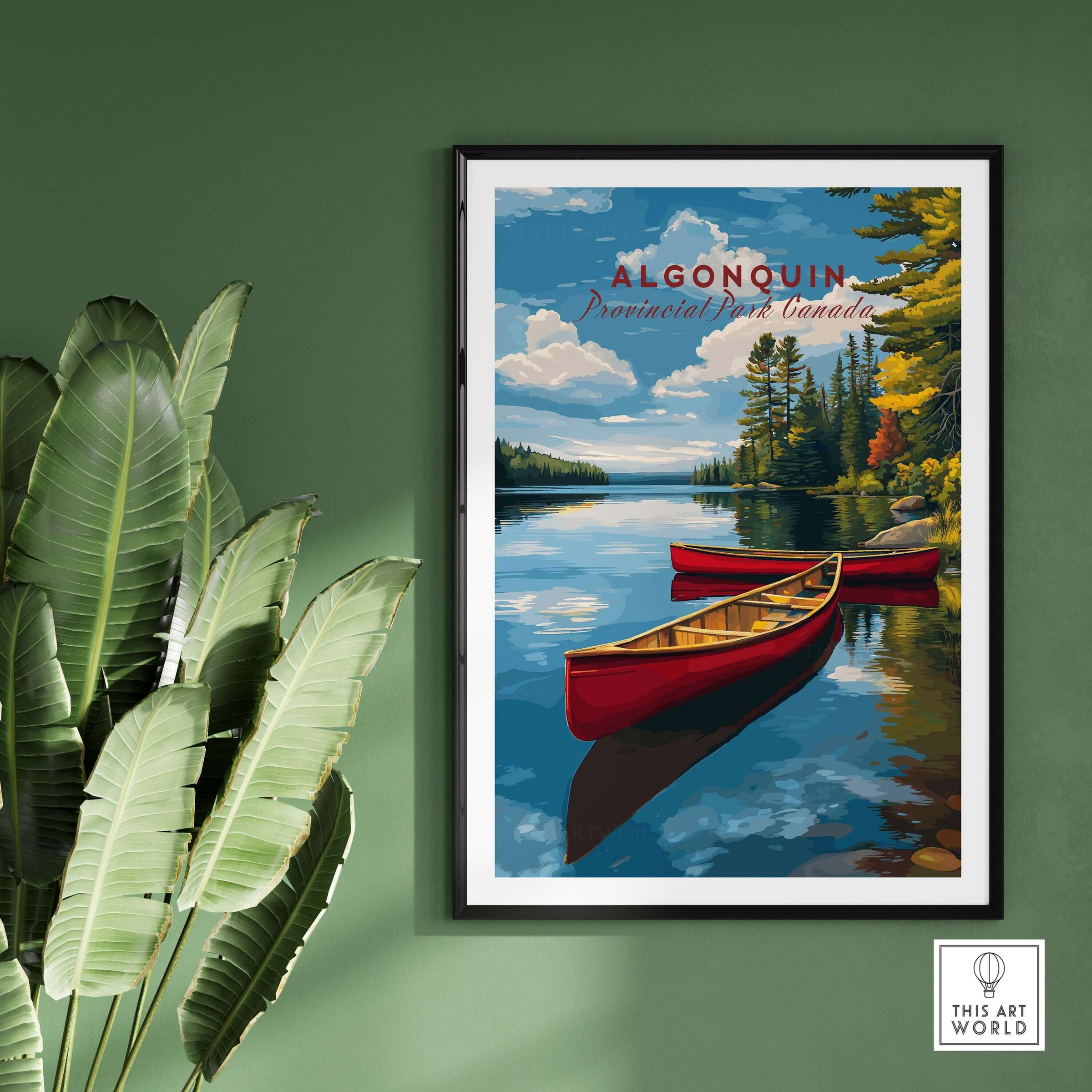 Algonquin Ontario Wilderness Boating Art | North American Nature Decor featuring serene boating scene on calm waters.