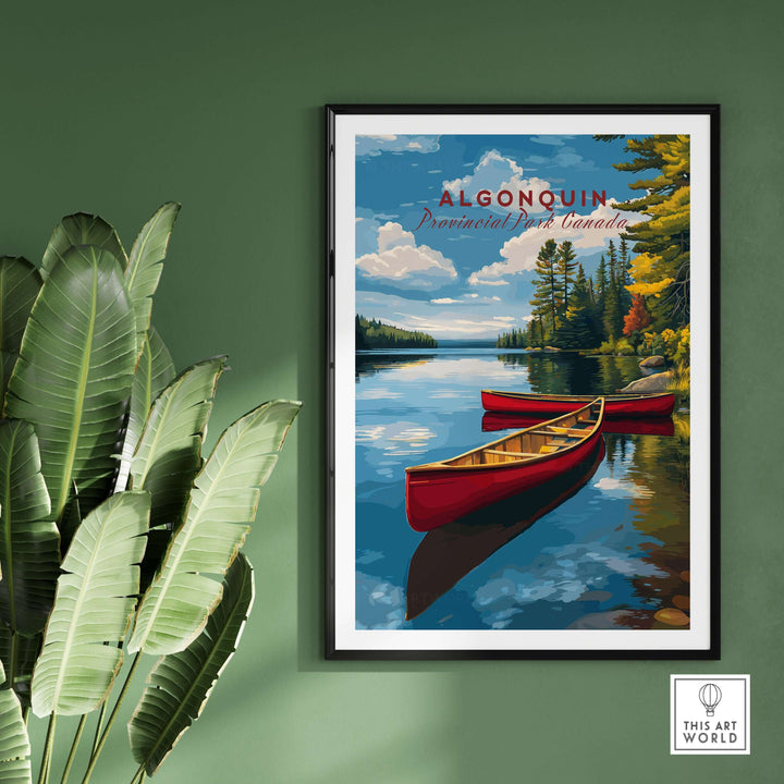 Algonquin Ontario Wilderness Boating Art | North American Nature Decor featuring red canoes on serene waters.