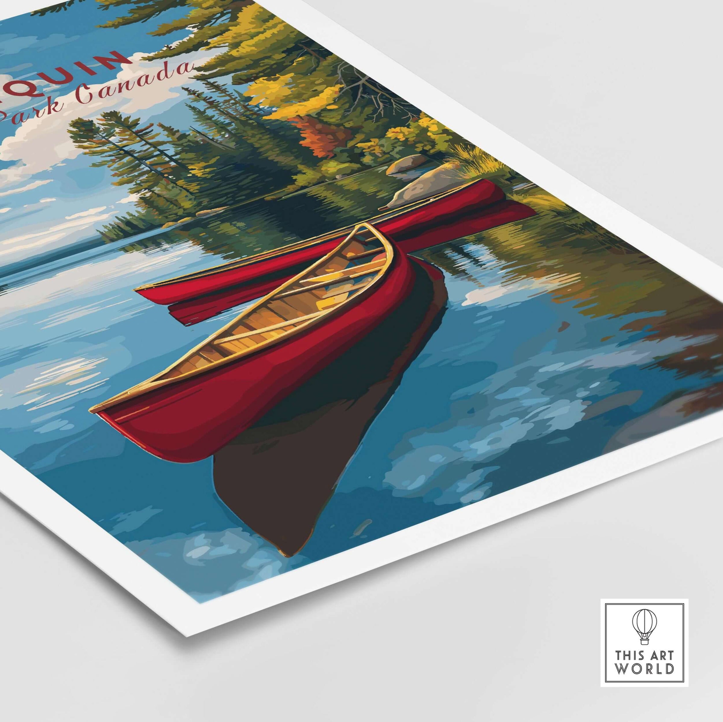 Algonquin Ontario Wilderness Boating Art | North American Nature Decor featuring red canoes on tranquil water.
