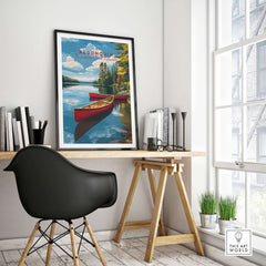Algonquin Ontario Wilderness Boating Art | North American Nature Decor displayed in a bright, modern home office setting.