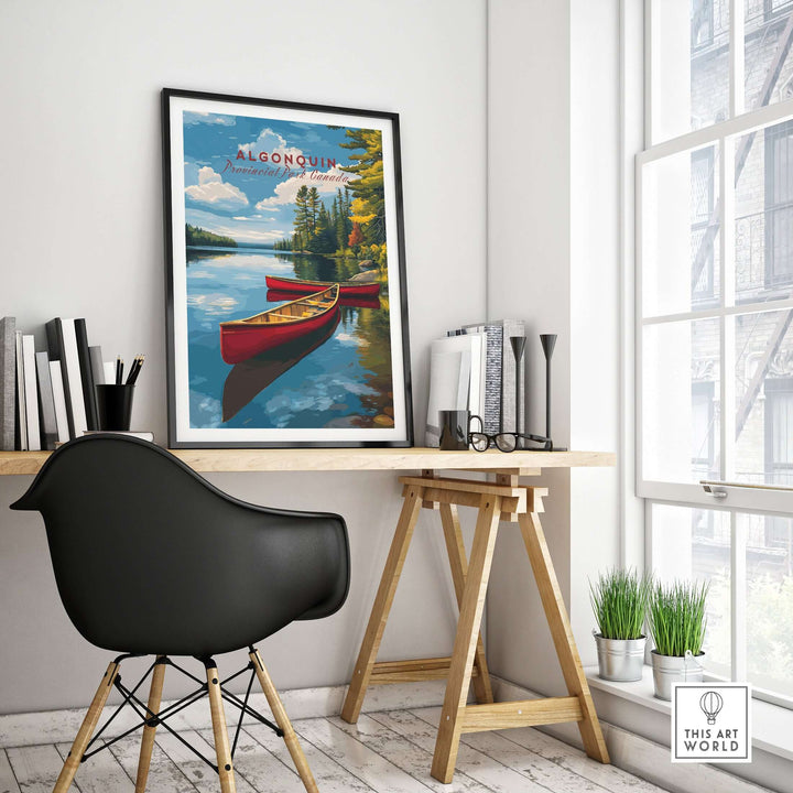 Algonquin Ontario Wilderness Boating Art | North American Nature Decor showcased in a modern interior with a chair and desk.