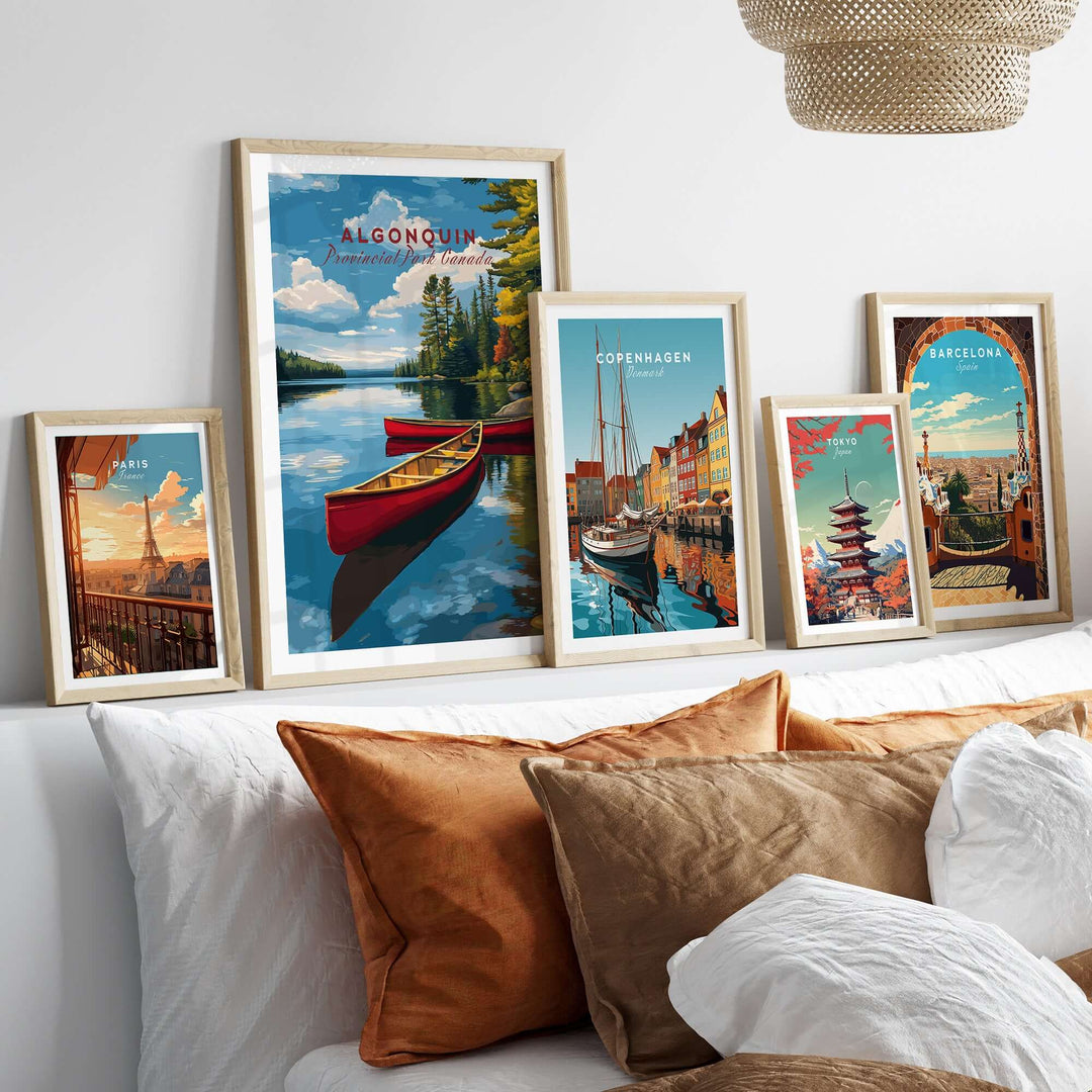Algonquin Ontario Wilderness Boating Art | North American Nature Decor framed prints displayed in a stylish home setting.