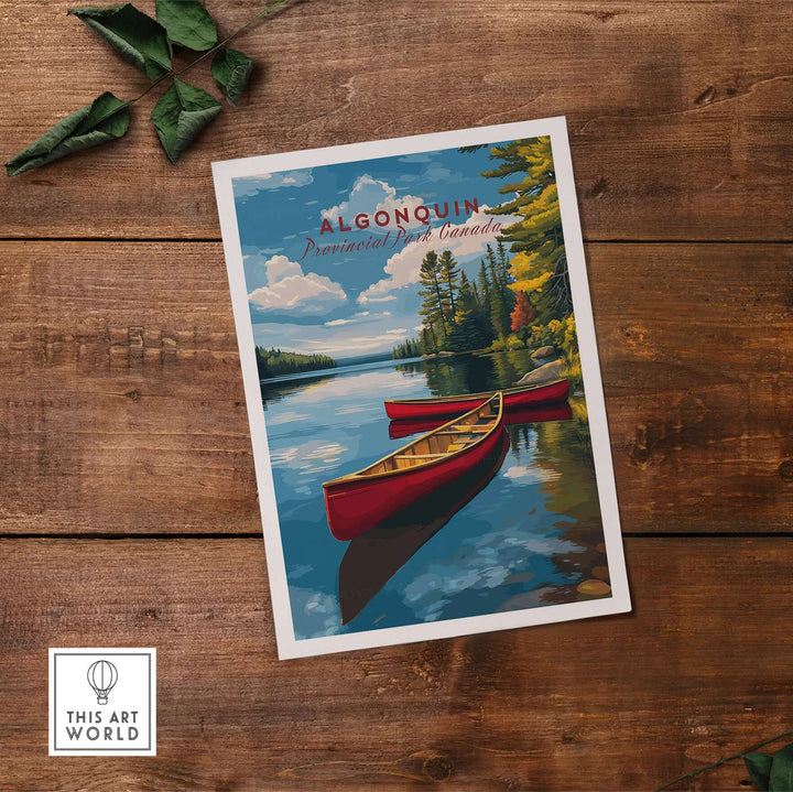 Algonquin Ontario Wilderness Boating Art | North American Nature Decor featuring serene red canoes on a tranquil lake.