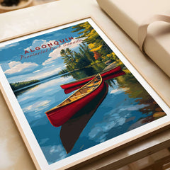 Algonquin Ontario Wilderness Boating Art | North American Nature Decor featuring canoes on calm waters.