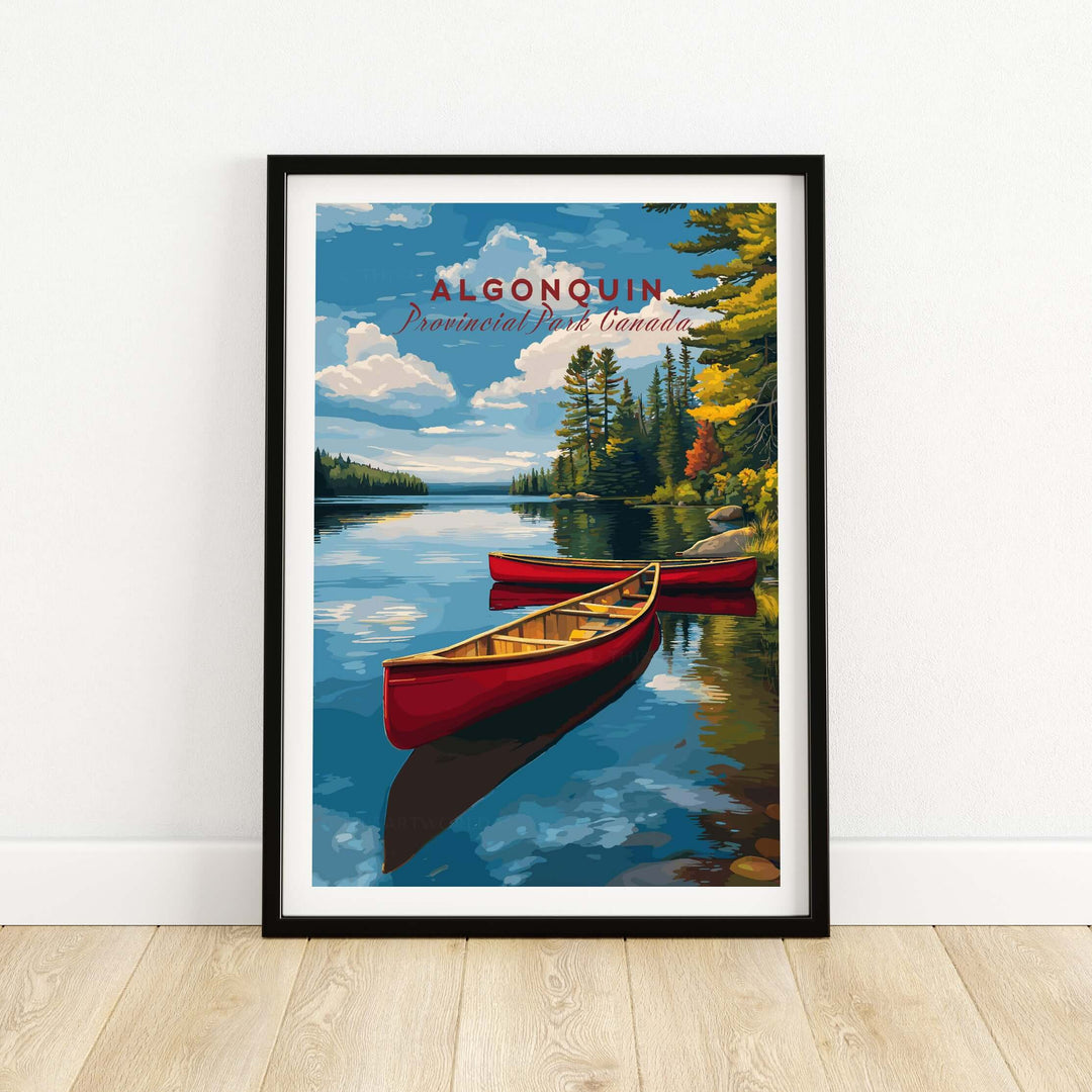 Algonquin Ontario Wilderness Boating Art | North American Nature Decor featuring canoes on a tranquil lake setting.