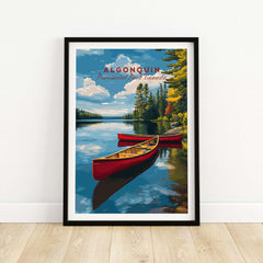 Algonquin Ontario Wilderness Boating Art | North American Nature Decor featuring a serene landscape with canoes.