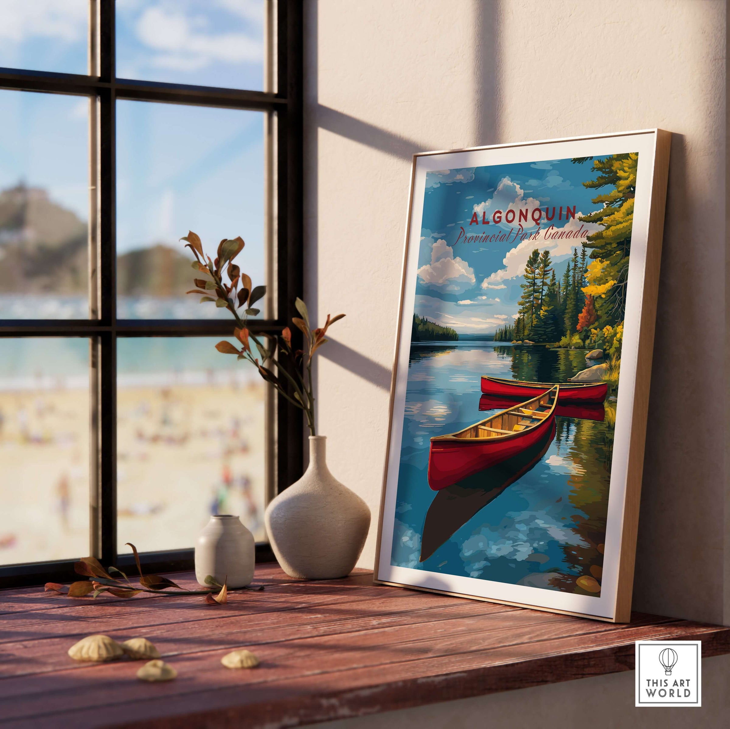 Algonquin Ontario Wilderness Boating Art | North American Nature Decor framed print on a windowsill overlooking serene waters.