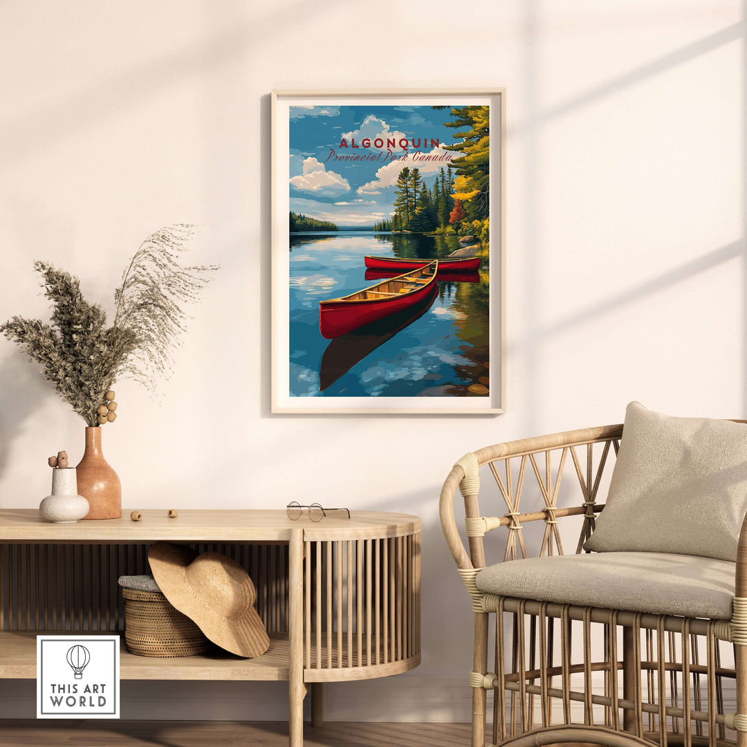 Algonquin Ontario Wilderness Boating Art | North American Nature Decor featuring scenic canoes in tranquil water.