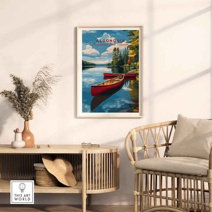 Algonquin Ontario Wilderness Boating Art | North American Nature Decor featuring scenic canoes in tranquil water.