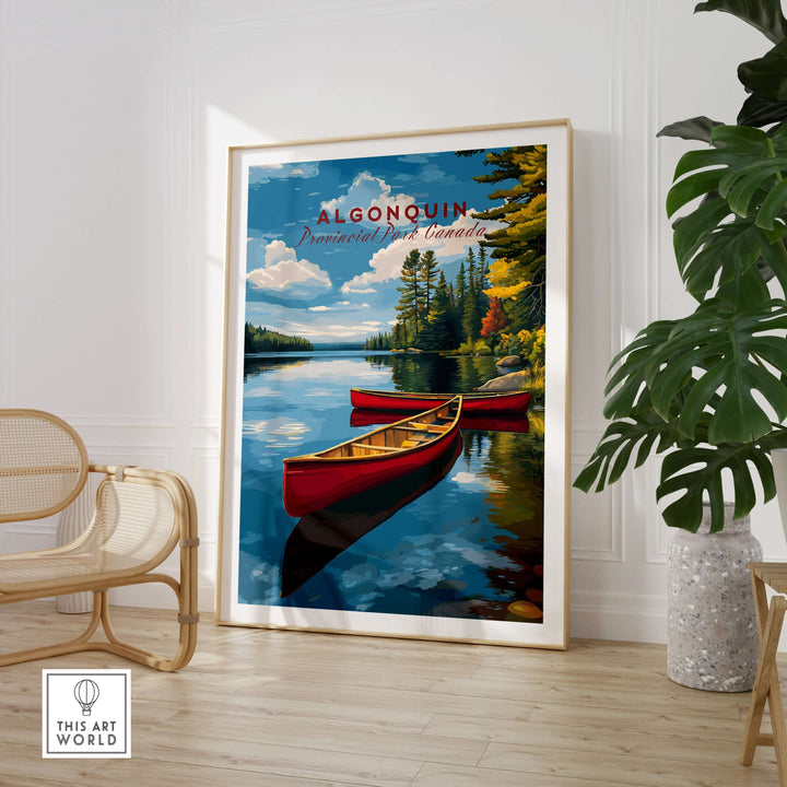Algonquin Ontario Wilderness Boating Art | North American Nature Decor featuring a serene lakeside scene with canoes.
