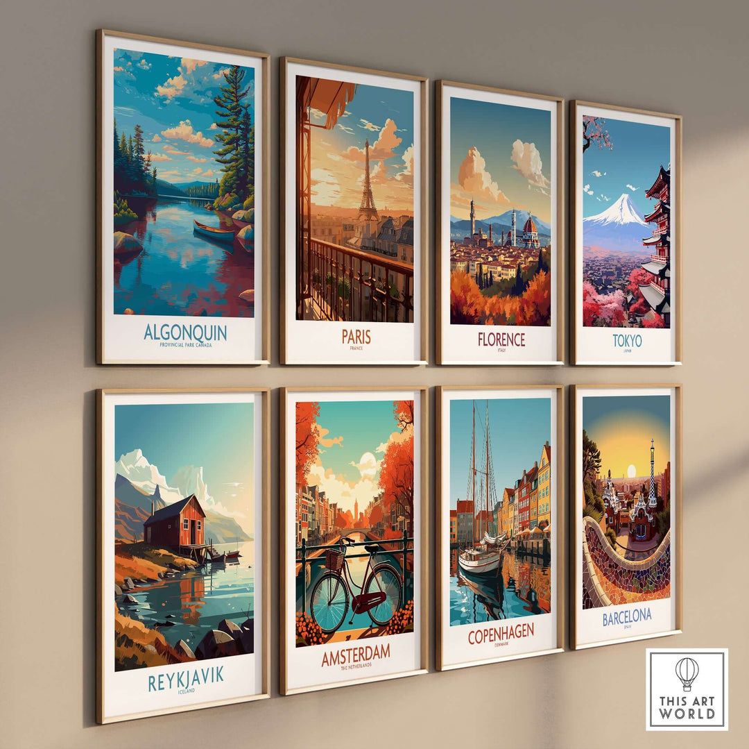 Algonquin Provincial Park Lake Canoe Art Print | Canada Wilderness Poster displayed among various city art prints.