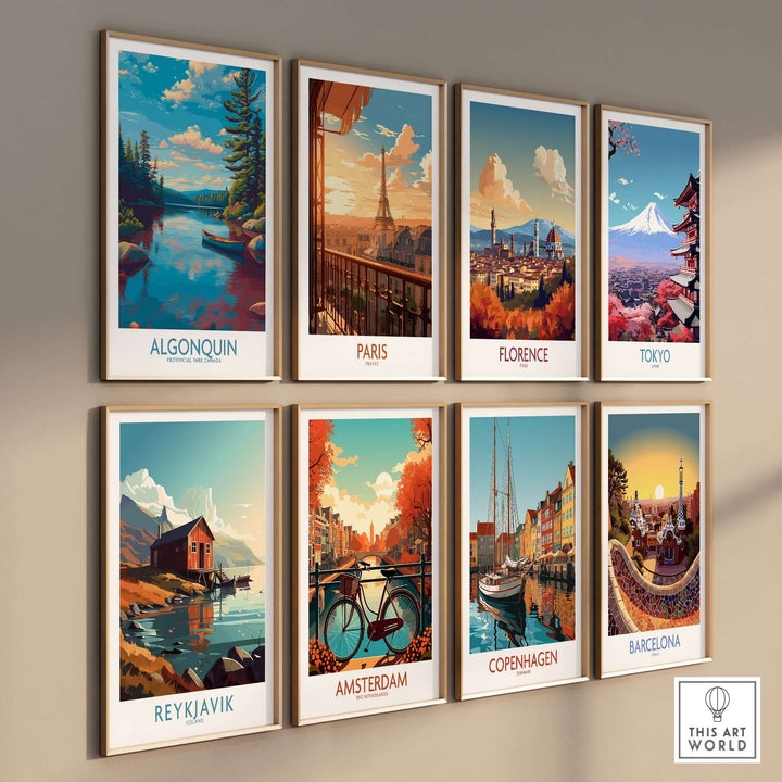 Algonquin Provincial Park Lake Canoe Art Print | Canada Wilderness Poster displayed among various city art prints.