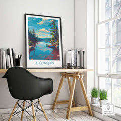 Algonquin Provincial Park Lake Canoe Art Print | Canada Wilderness Poster displayed in a modern workspace.