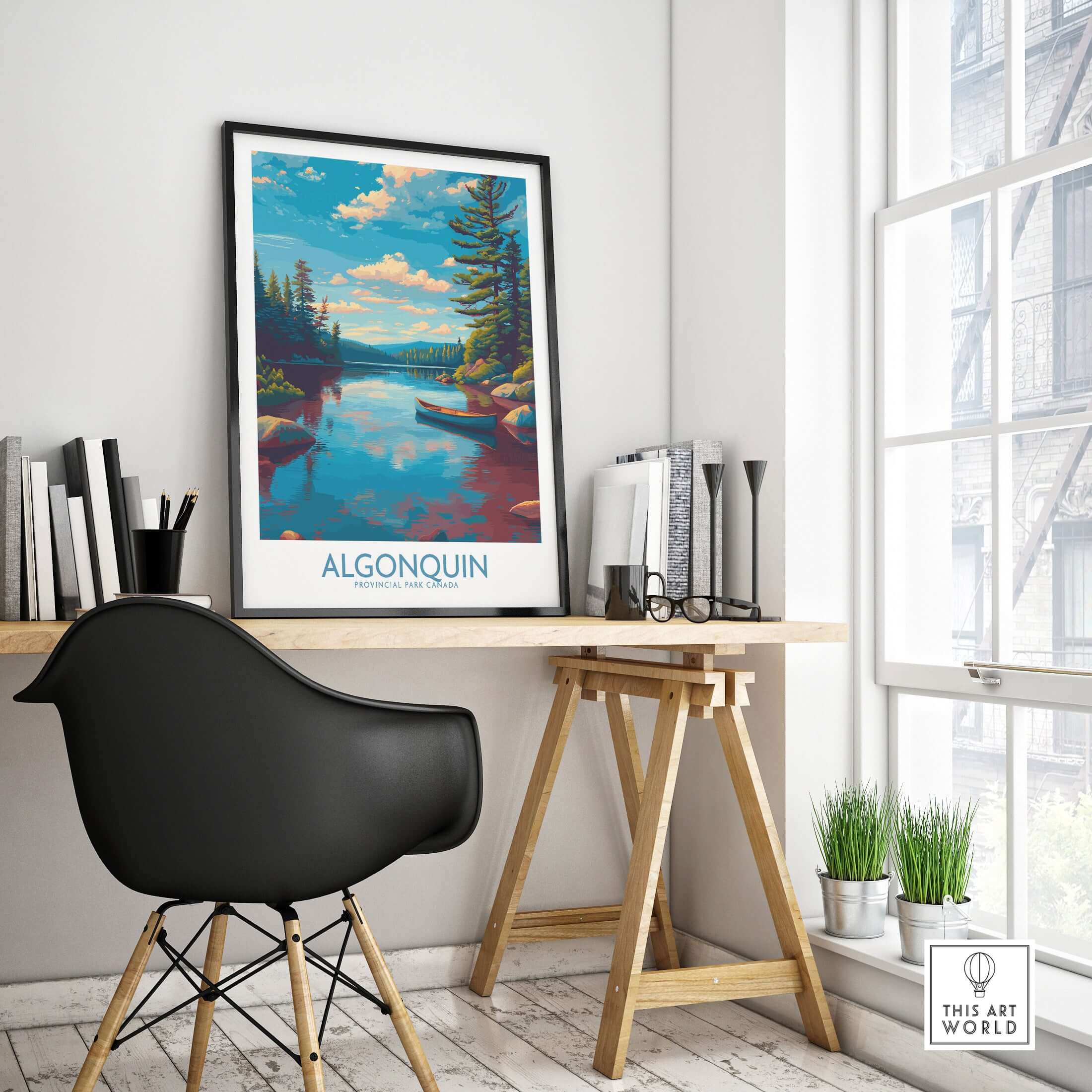 Algonquin Provincial Park Lake Canoe Art Print | Canada Wilderness Poster displayed in a modern workspace.