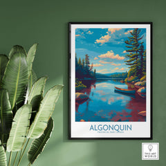 Algonquin Provincial Park Lake Canoe Art Print | Canada Wilderness Poster featuring a serene lake scene with trees and a canoe.
