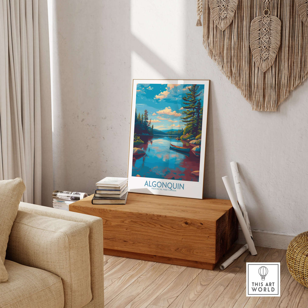 Algonquin Provincial Park Lake Canoe Art Print | Canada Wilderness Poster displayed in a cozy living room setting.