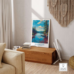 Algonquin Provincial Park Lake Canoe Art Print | Canada Wilderness Poster displayed in a cozy living room setting.