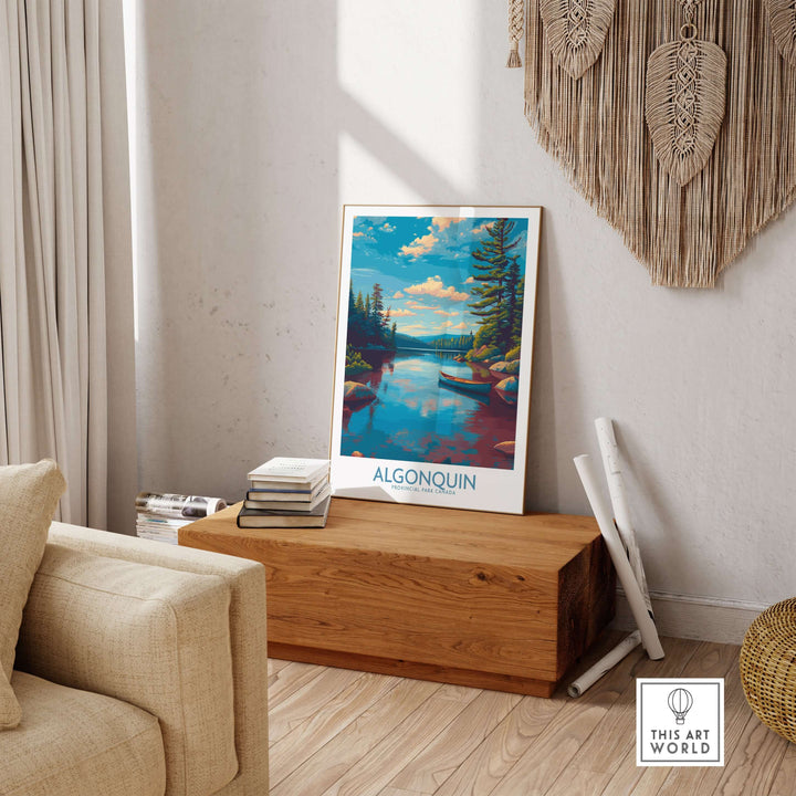 Algonquin Provincial Park Lake Canoe Art Print | Canada Wilderness Poster displayed in a cozy living room setting.