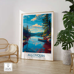 Algonquin Provincial Park Lake Canoe Art Print | Canada Wilderness Poster in a stylish living room setting.