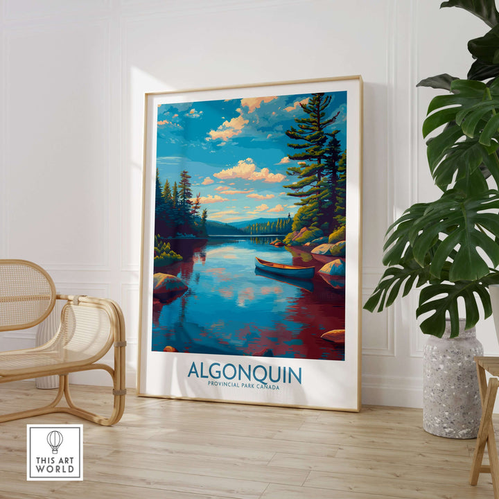 Algonquin Provincial Park Lake Canoe Art Print | Canada Wilderness Poster featuring a tranquil lake scene and lush forests.