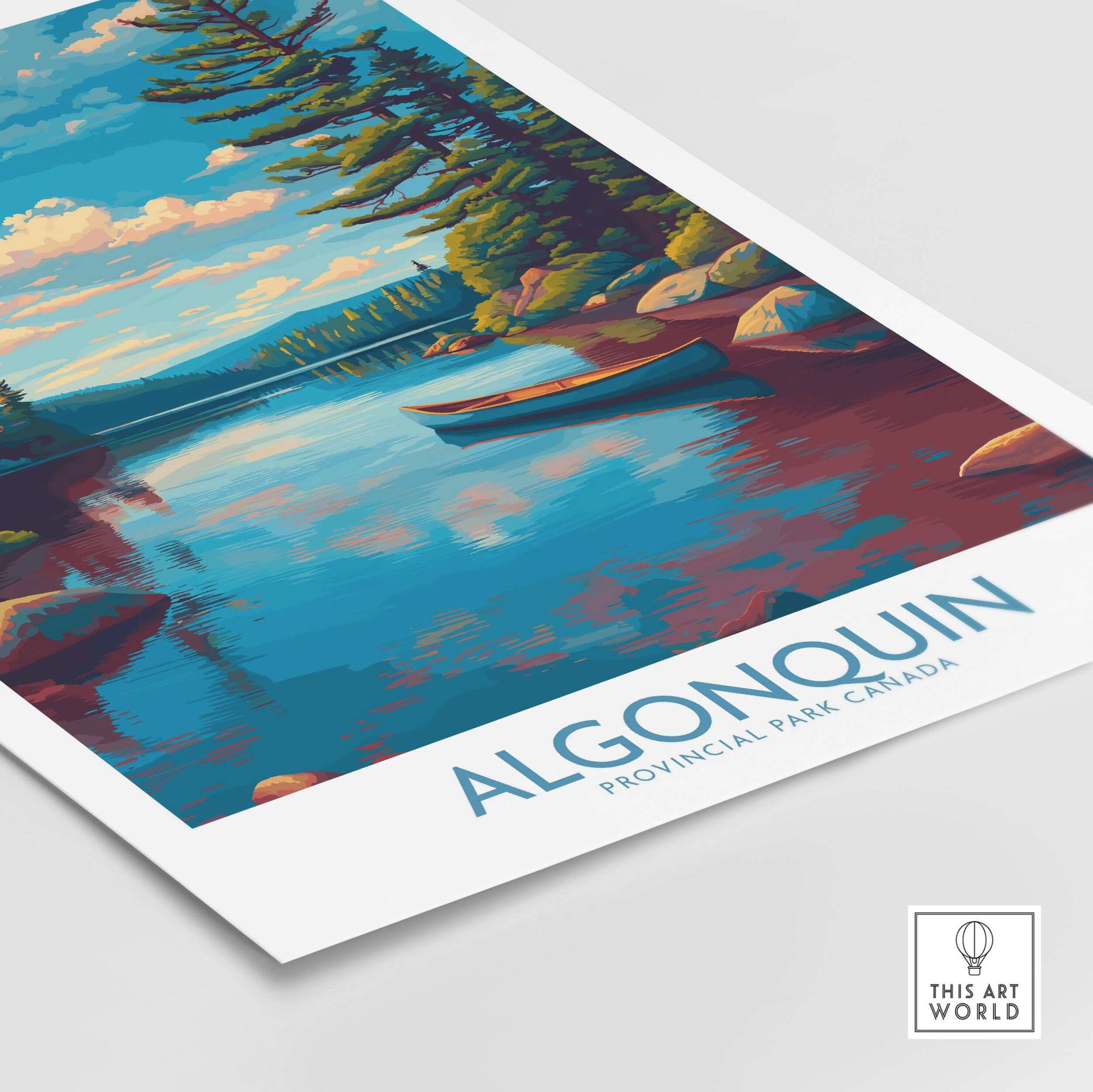 Algonquin Provincial Park Lake Canoe Art Print | Canada Wilderness Poster featuring a serene lake scene with lush forests.