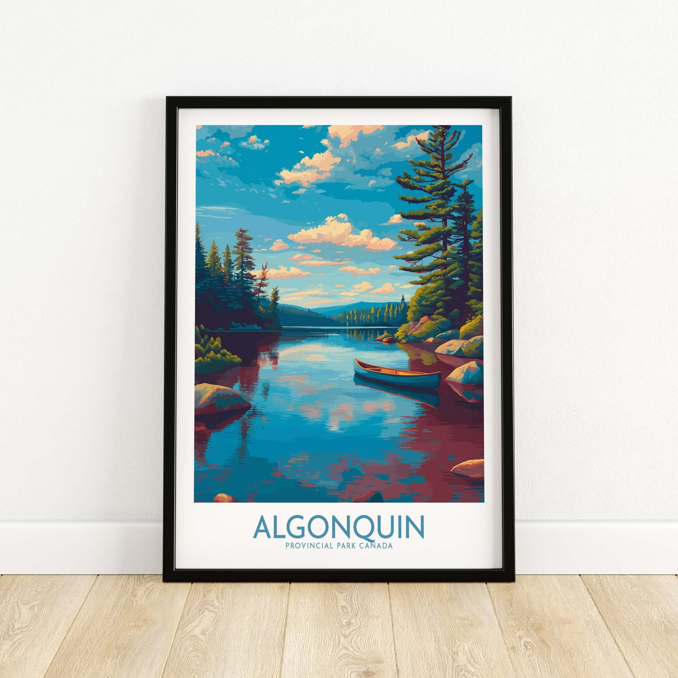 Algonquin Provincial Park Lake Canoe Art Print | Canada Wilderness Poster showcasing a tranquil lake and forest scene.